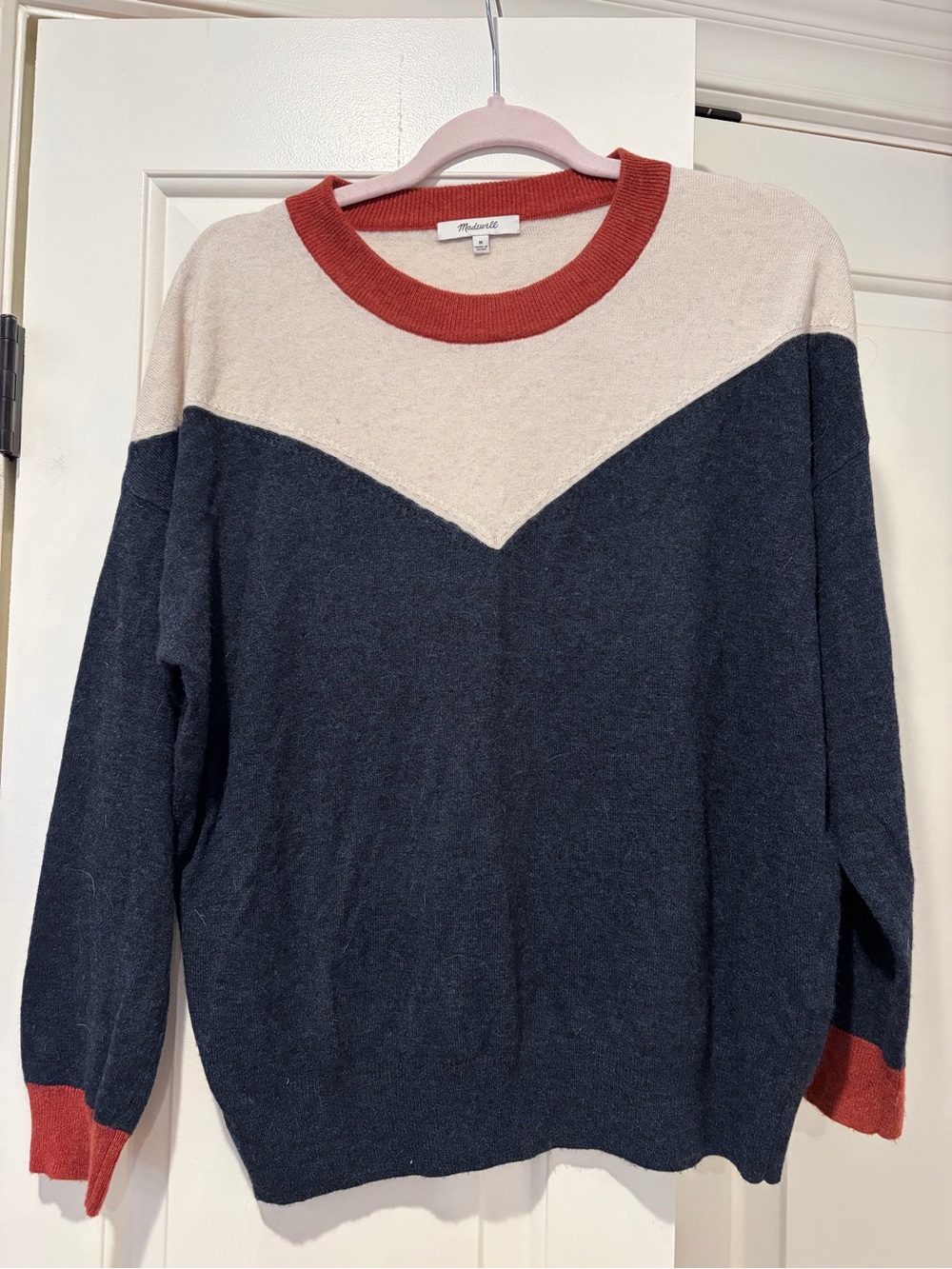 Madewell Colorblock Crewneck Sweater in Navy, Cream & Red